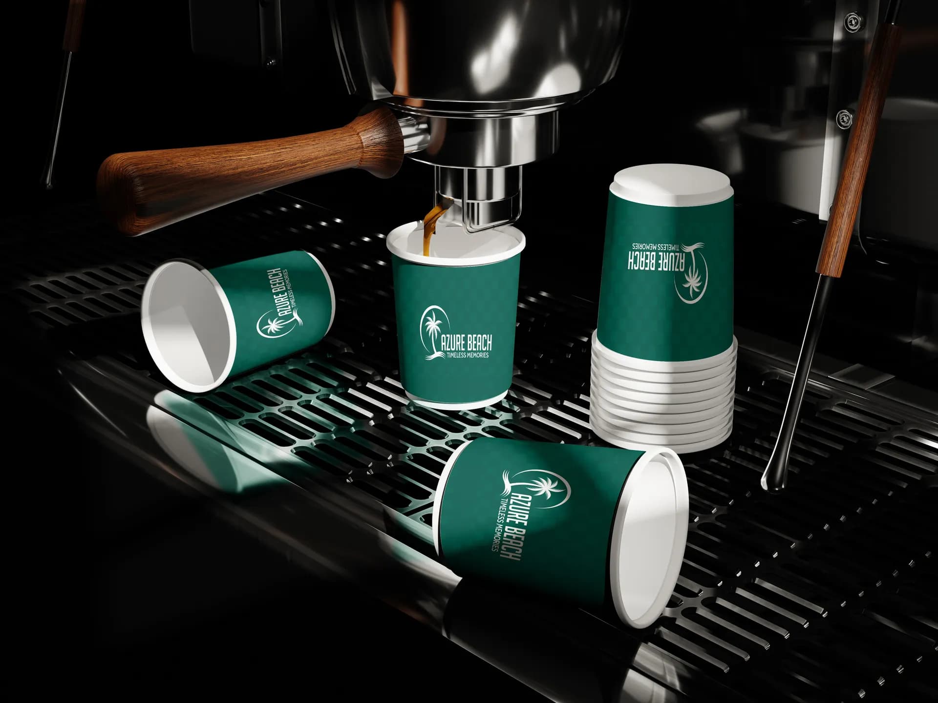 Azure Beach branded green takeaway cups at an espresso machine