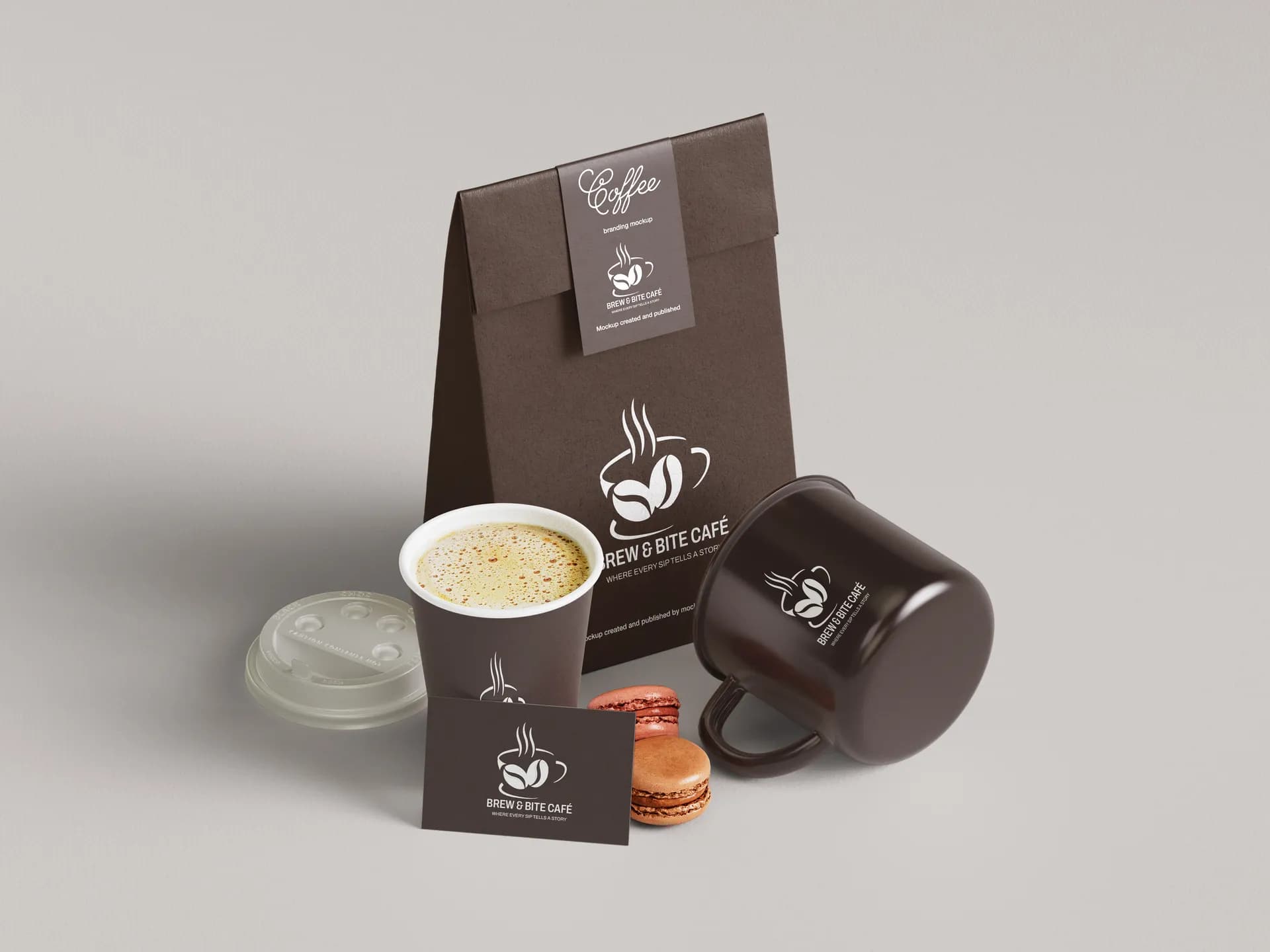 Brew and Bite Café coffee bag, cups and mug packaging set