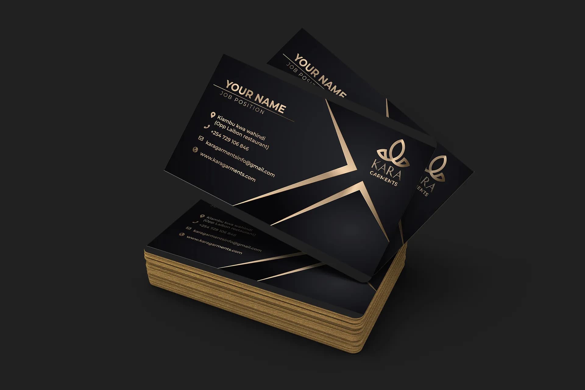 Kara Cosmetics black and gold business cards