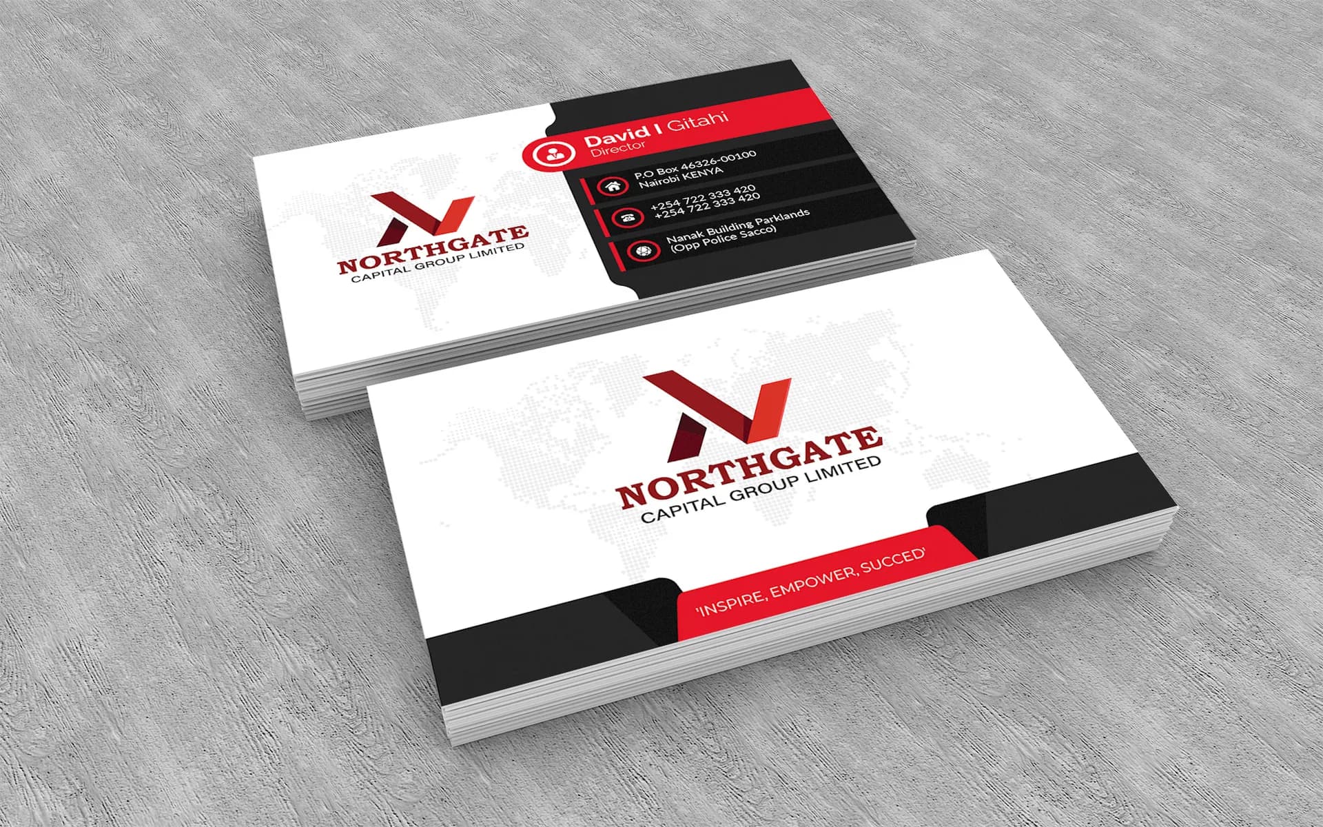 Northgate business cards in red, black and white