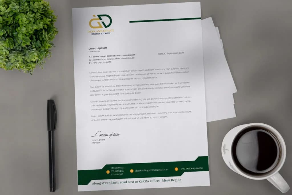 Green corporate letterhead with a gold logo