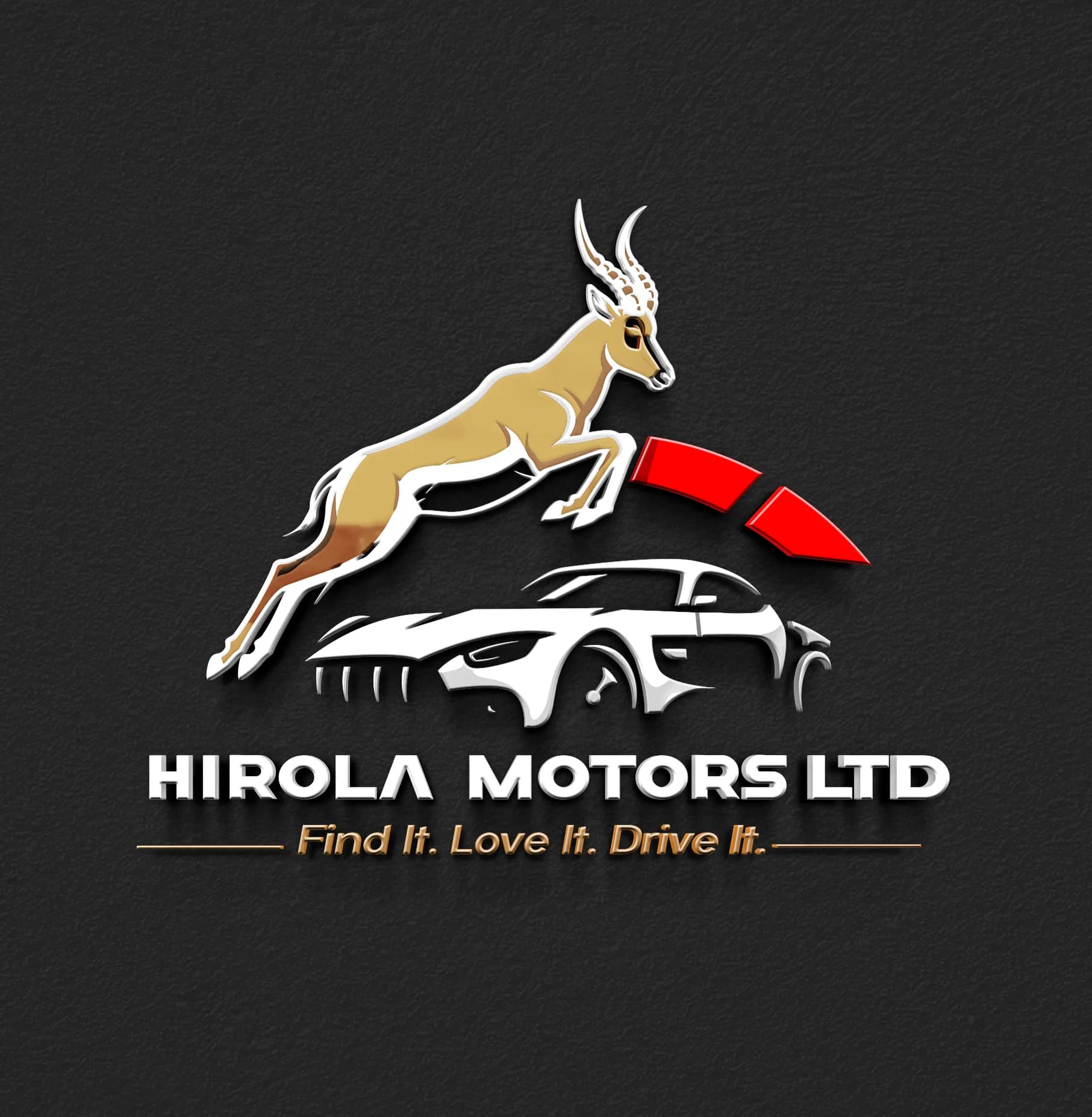 Hirola Motors logo, a leaping antelope over a sports car