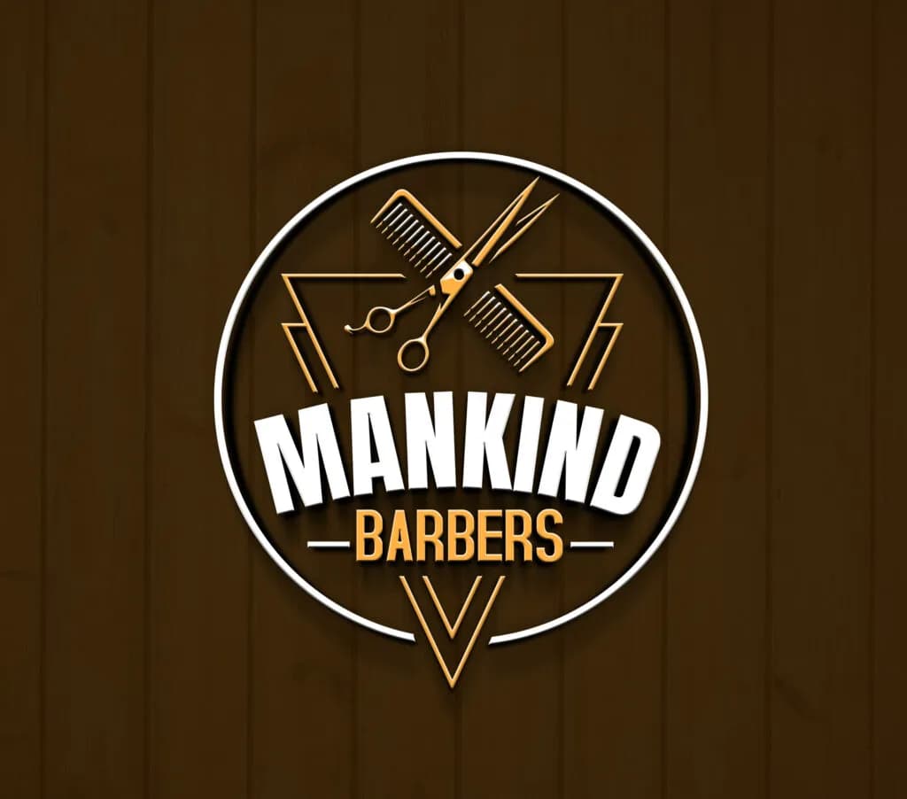 Mankind Barbers badge logo with comb and scissors