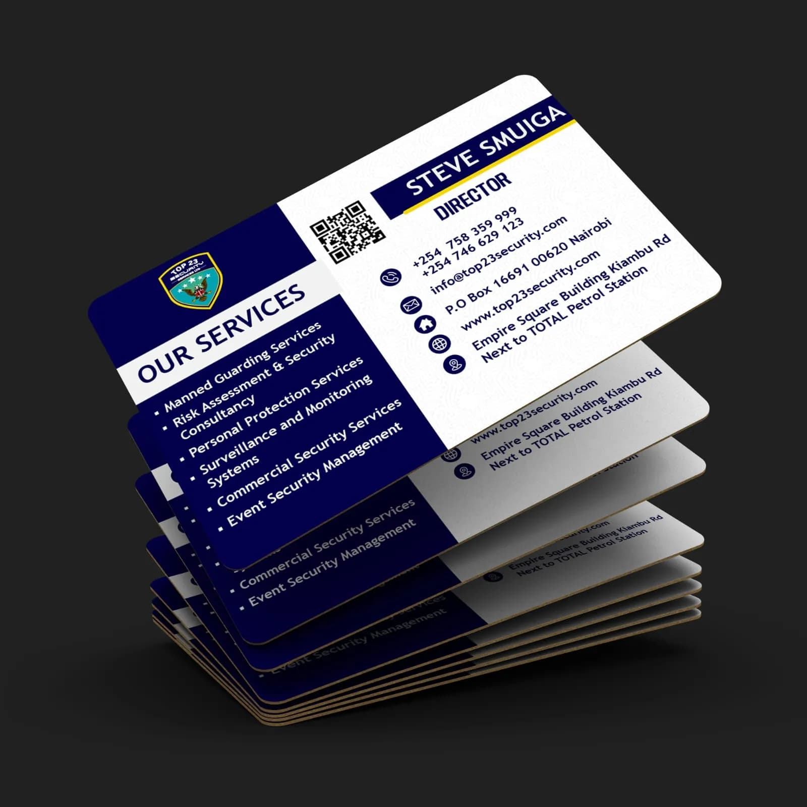 Navy security company business cards with a services list