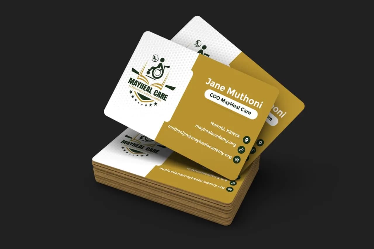 MayHeal Care gold and white business cards
