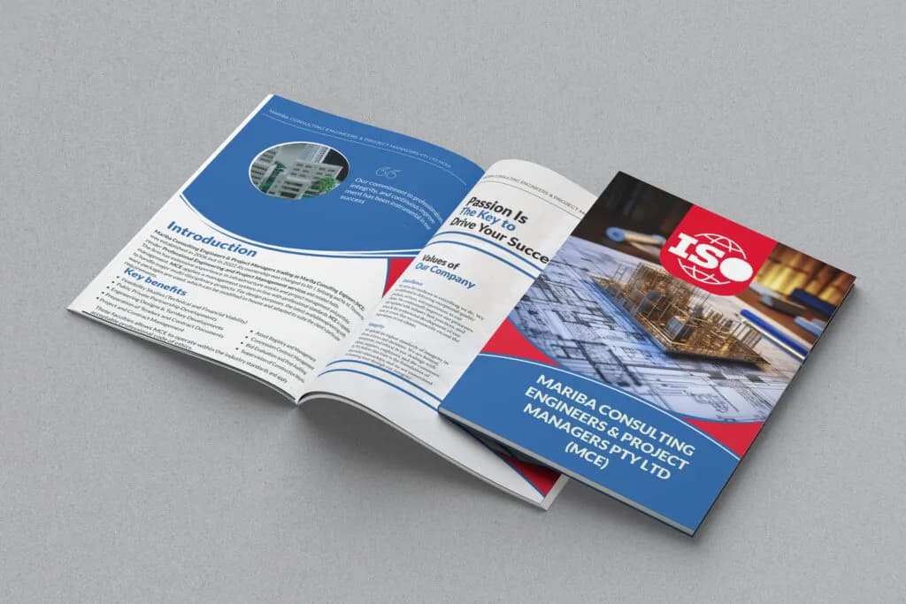 Consulting engineers company profile in blue with an ISO badge