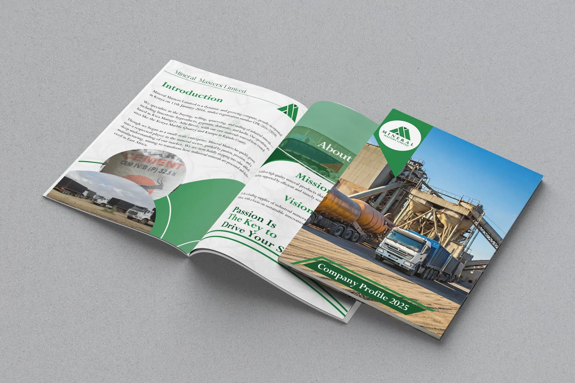 Green construction and haulage company profile, cover and about spread