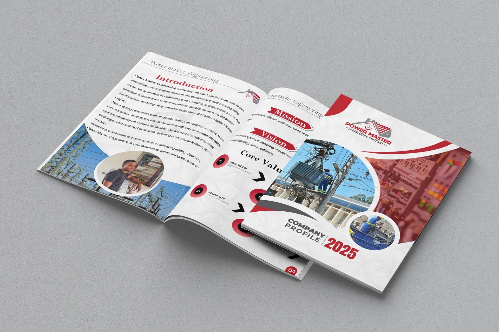 Engineering company profile 2025 with mission and core values pages