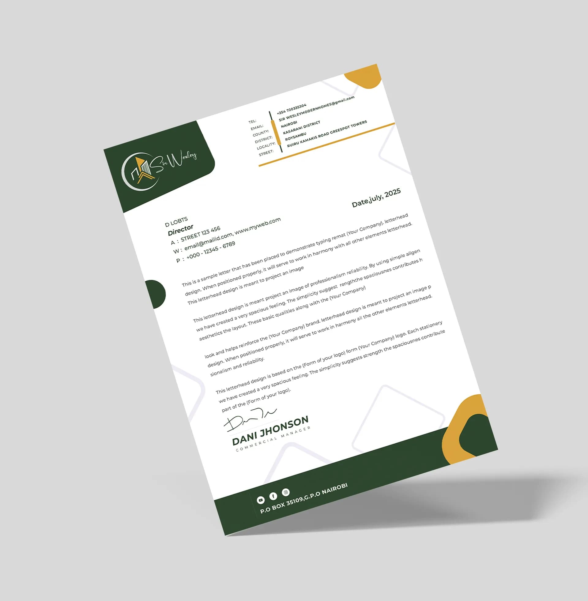 Green and gold company letterhead