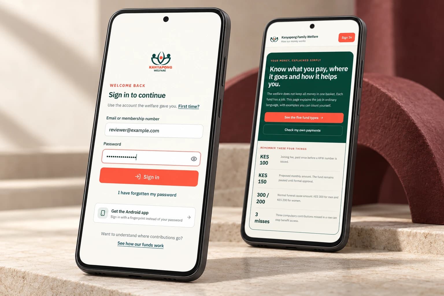 Kanyapong Family Welfare sign-in and welfare overview on two Android phones