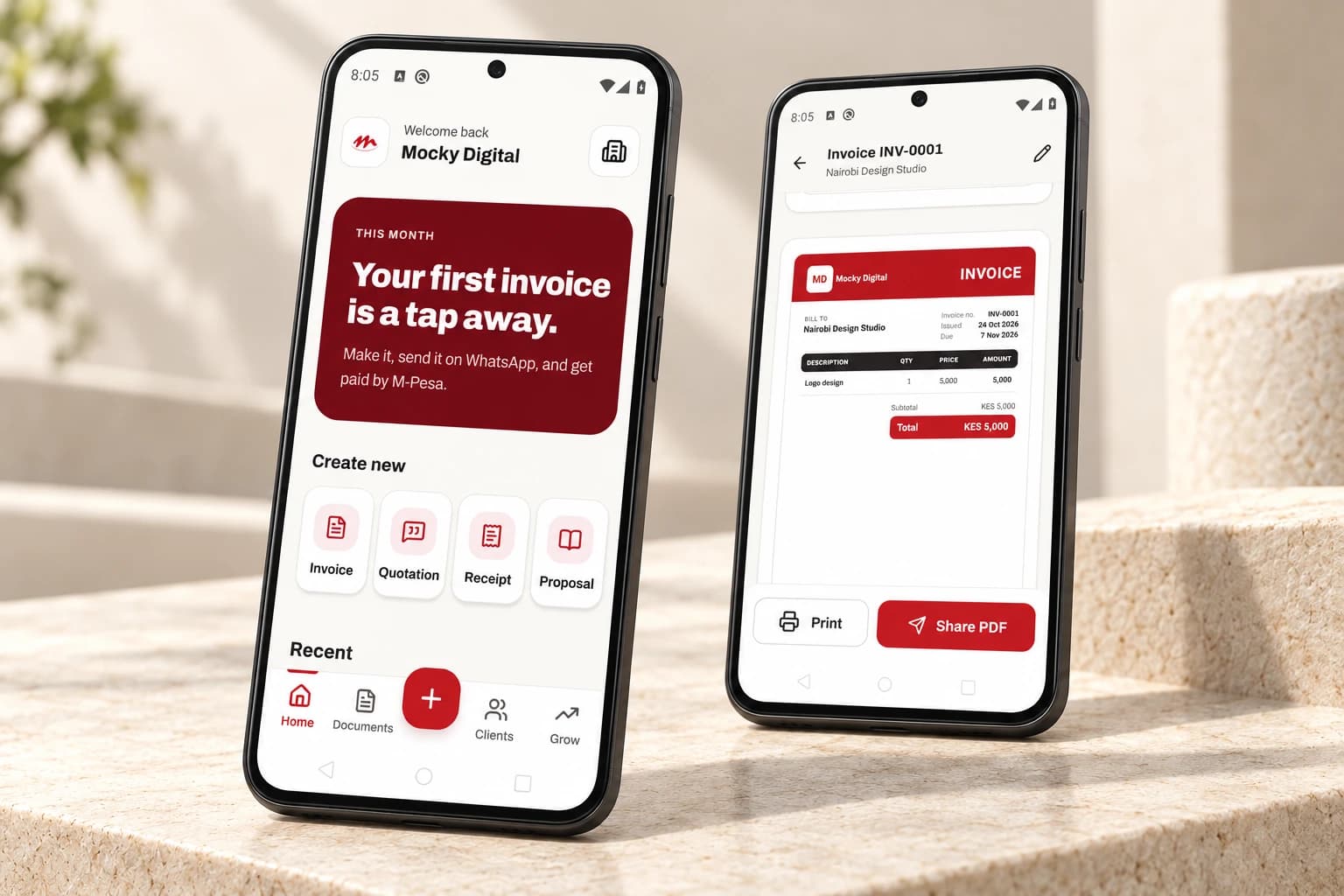 Mocky Invoice Generator home screen and sample invoice presented on two Android phones