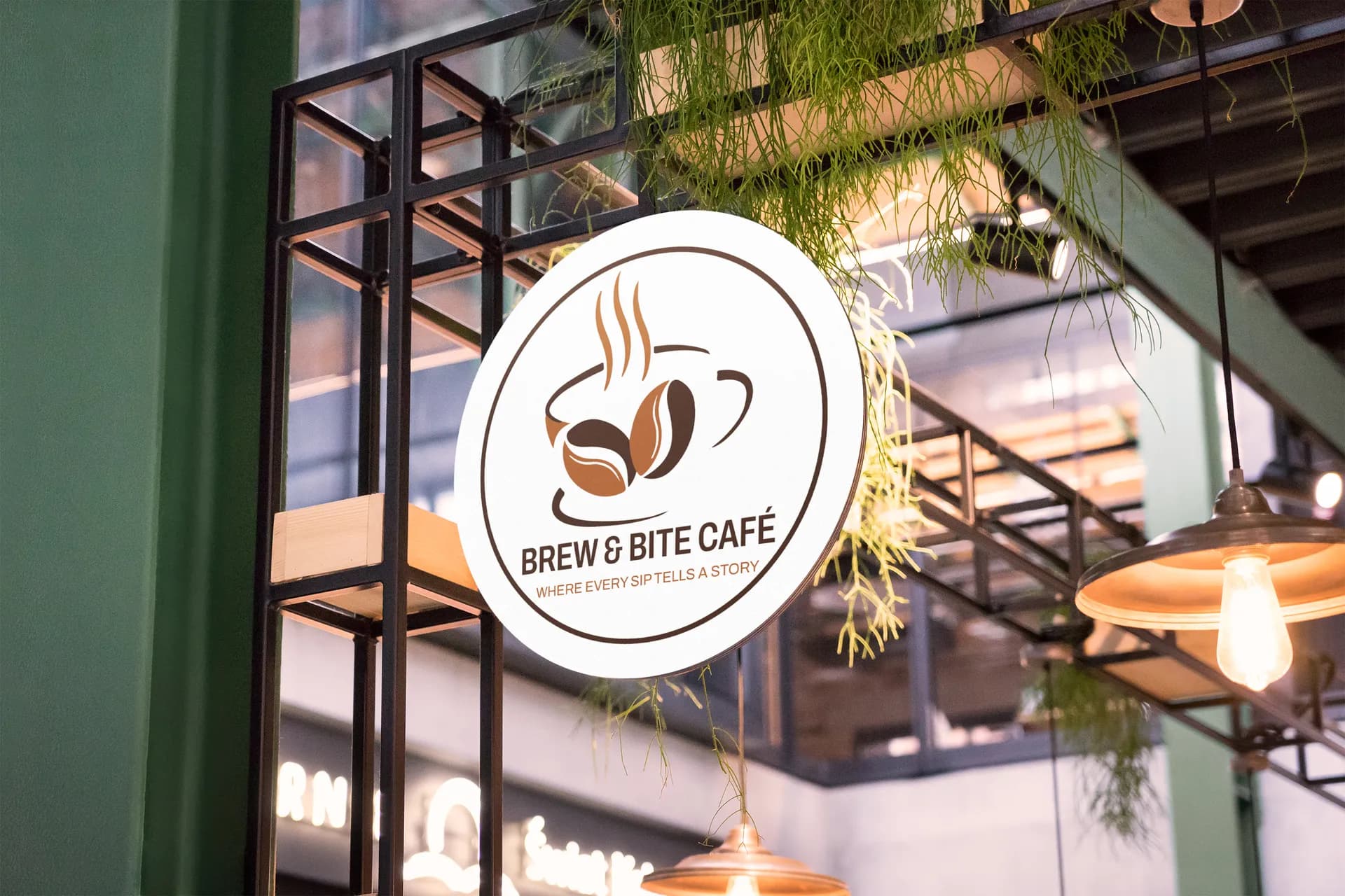 Brew and Bite Café logo on a round shopfront sign