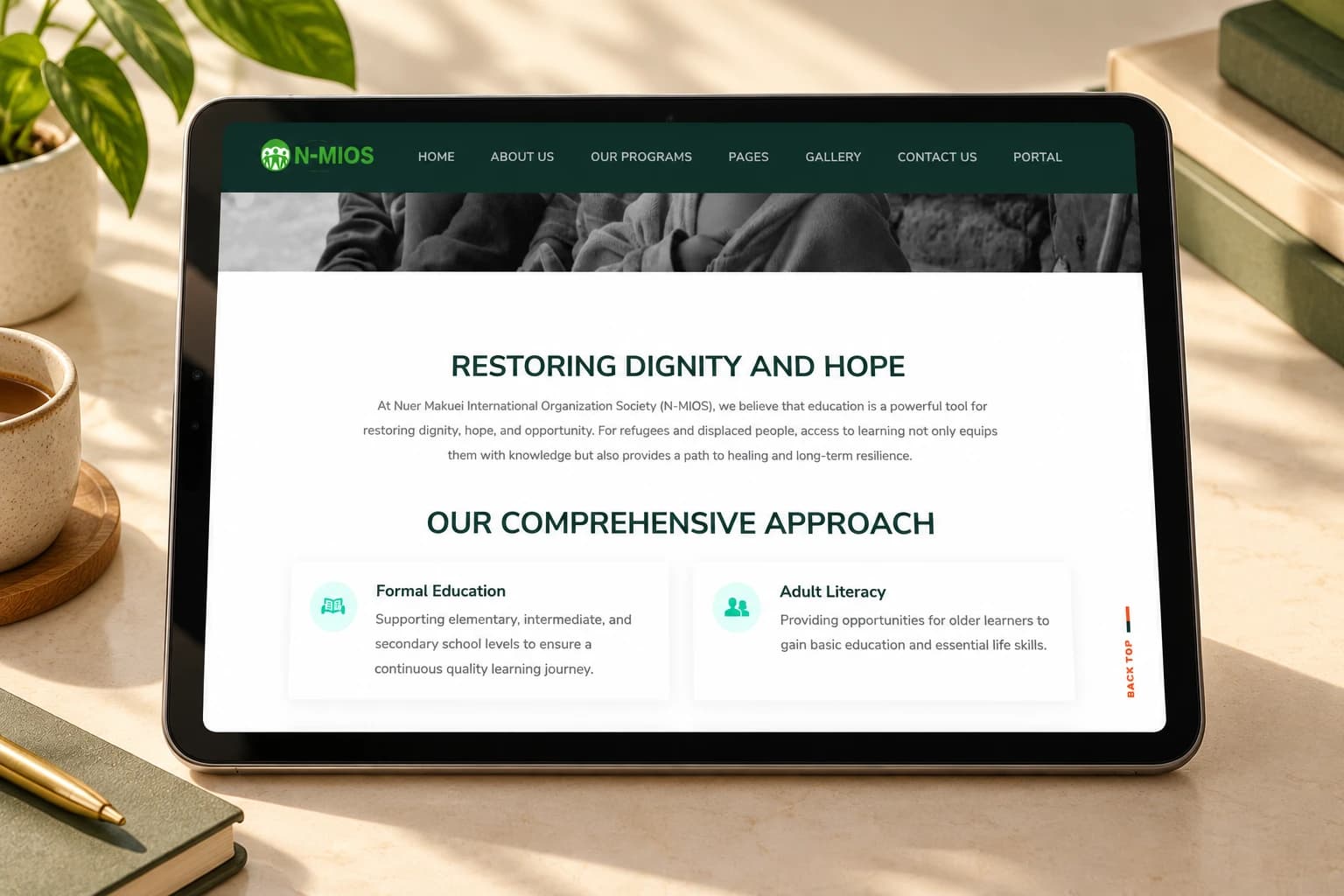 The education page separates programme approaches into readable sections and cards.