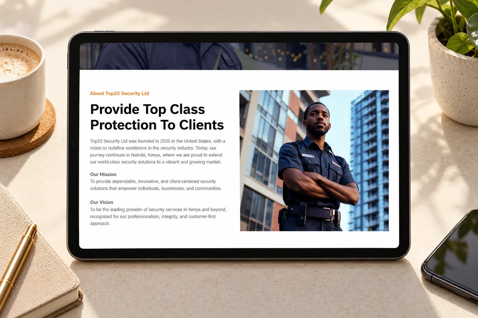 The company overview presents the firm’s background, mission and vision alongside its visual identity.