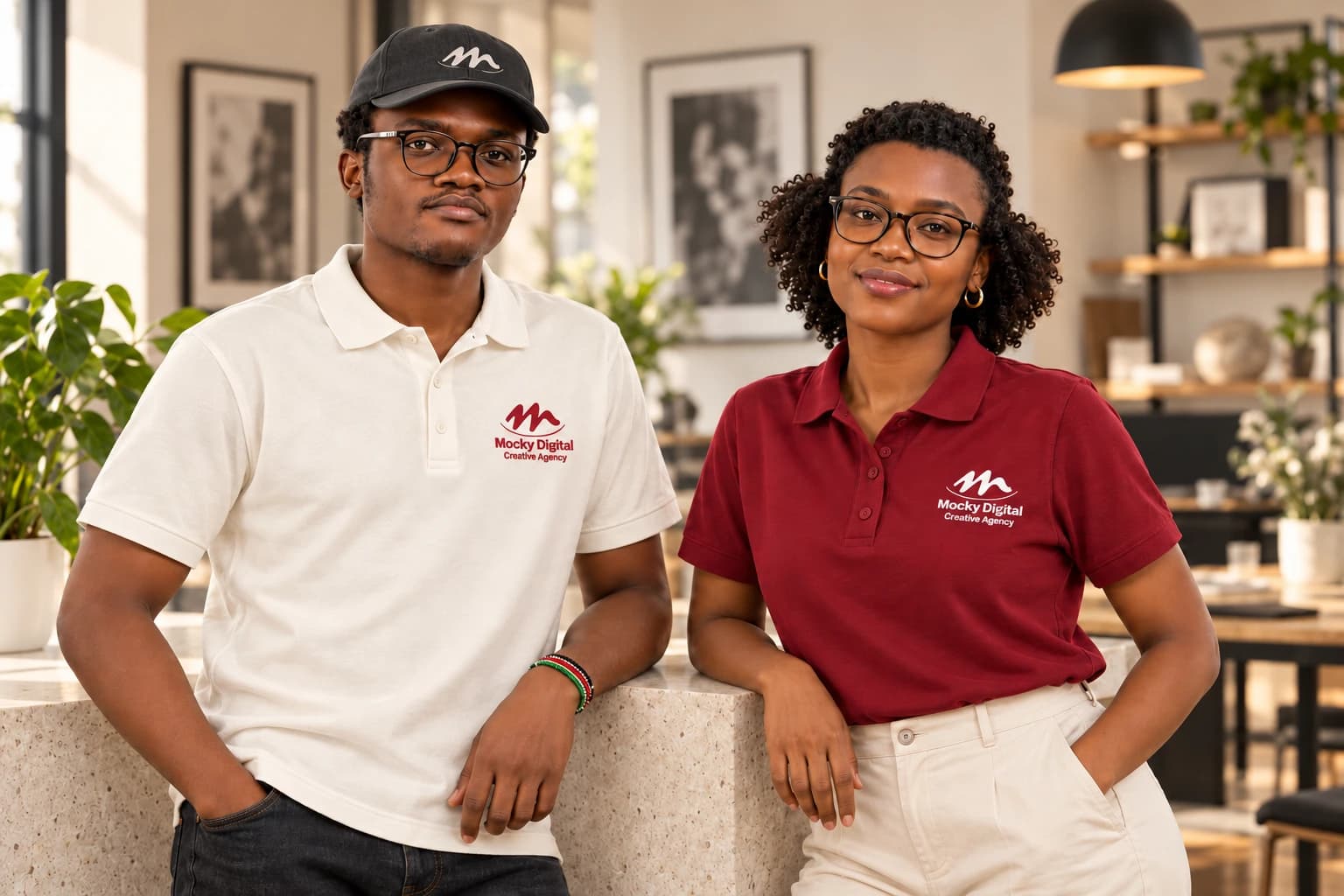 Black models wearing Mocky Digital branded polo shirts and an embroidered cap