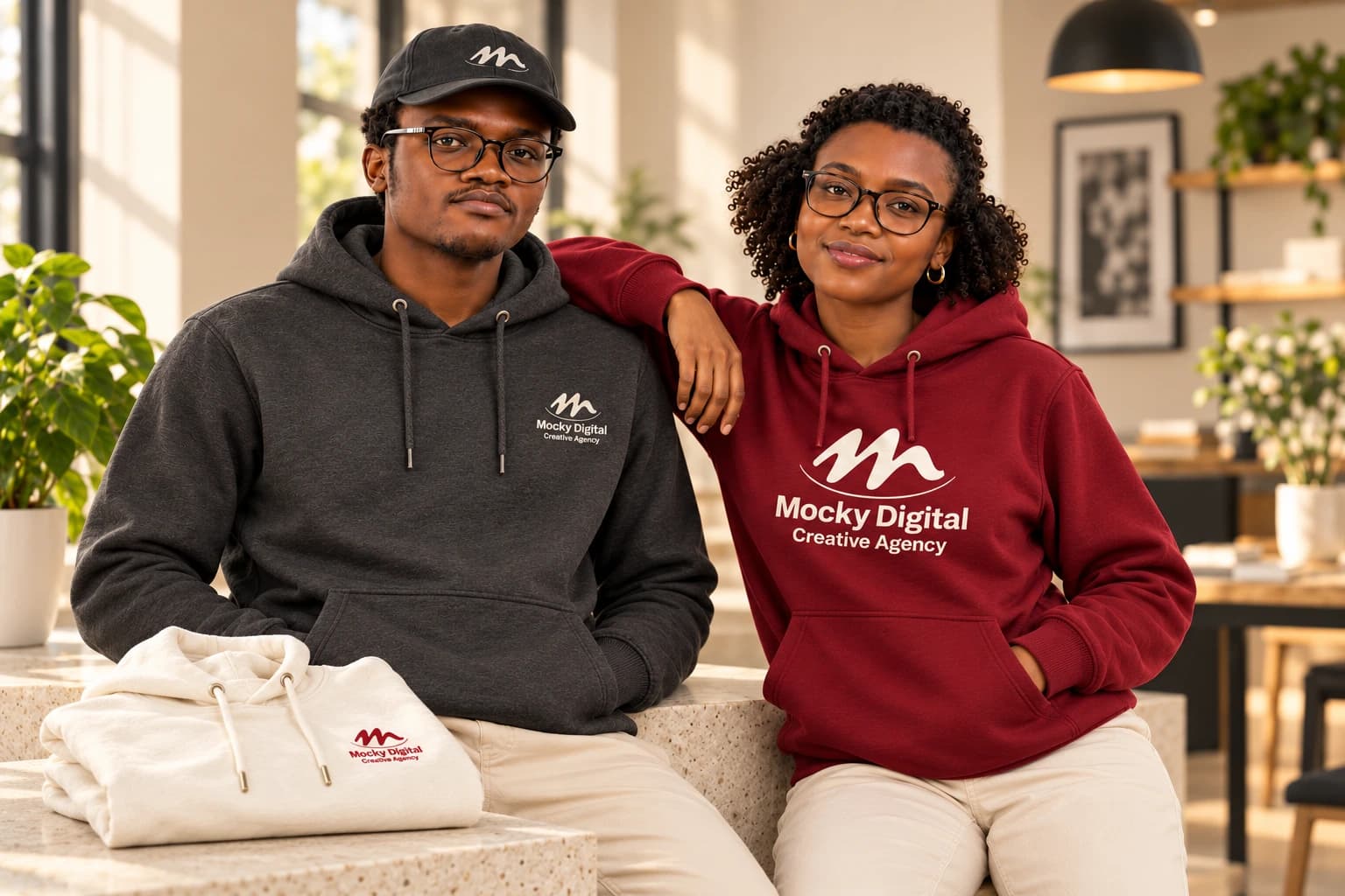 Black models wearing charcoal and maroon Mocky Digital hoodies with embroidered and printed branding, beside an ivory hoodie