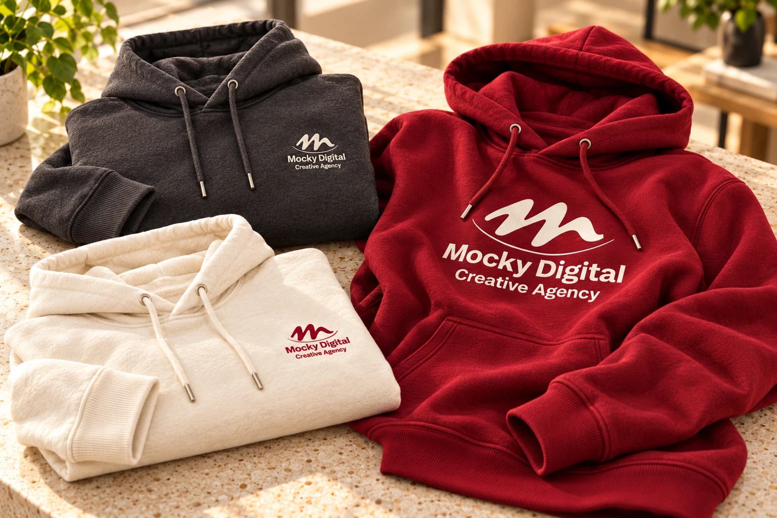 Close-up of Mocky Digital printed and embroidered hoodies in charcoal, maroon and ivory