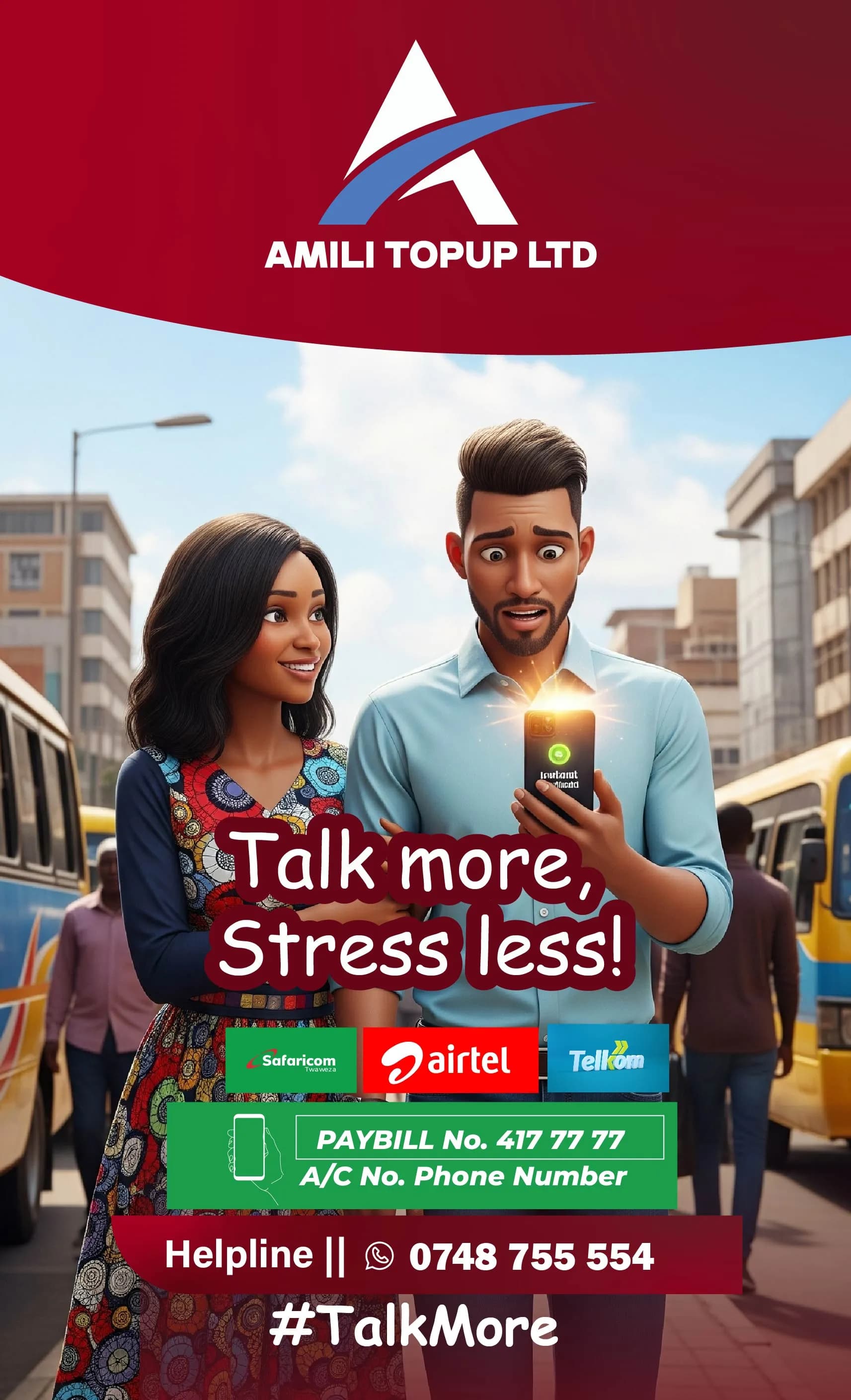 Amili Topup airtime poster, Talk more, stress less