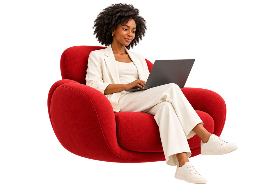 Concept illustration of a creative professional working on a laptop in a floating red armchair